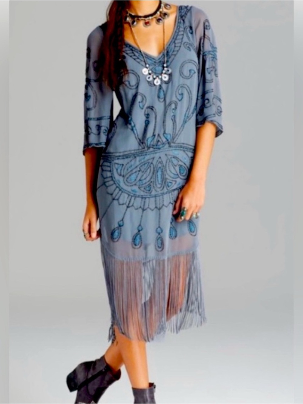 RARE Free People Blue-Gray Art Deco Beaded V-Neck Tunic Dress